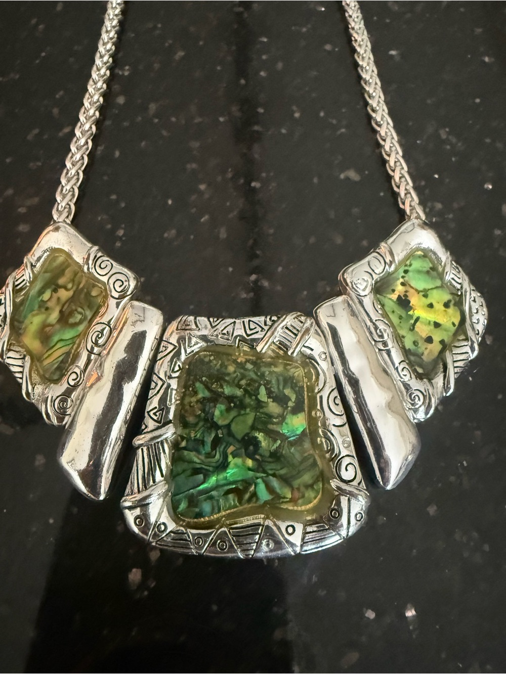Green Abalone Pendant Necklace in Silver Tone - Women’s Statement Jewelry